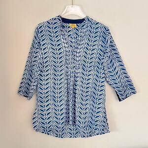 Boho Roberta Roller Rabbit Tunic Top Size Small Blue White Leaf Print Pintuck